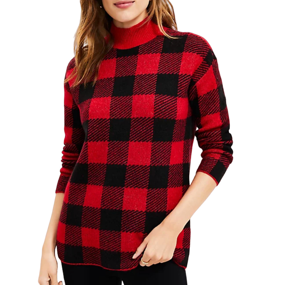 NEW LOFT ANN TAYLOR RED BLACK BUFFALO PLAID MOCK NECK TUNIC SWEATER TOP LARGE L